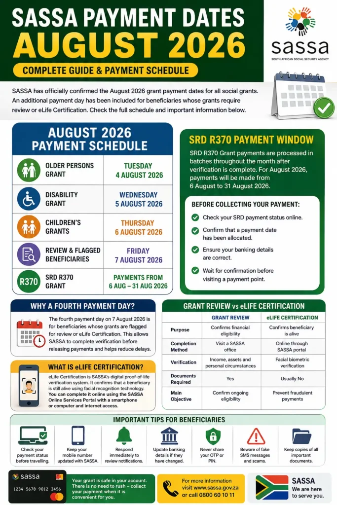 Sassa Payment Dates for August 2026 Official Grant Schedule & SRD R370 Payment Dates