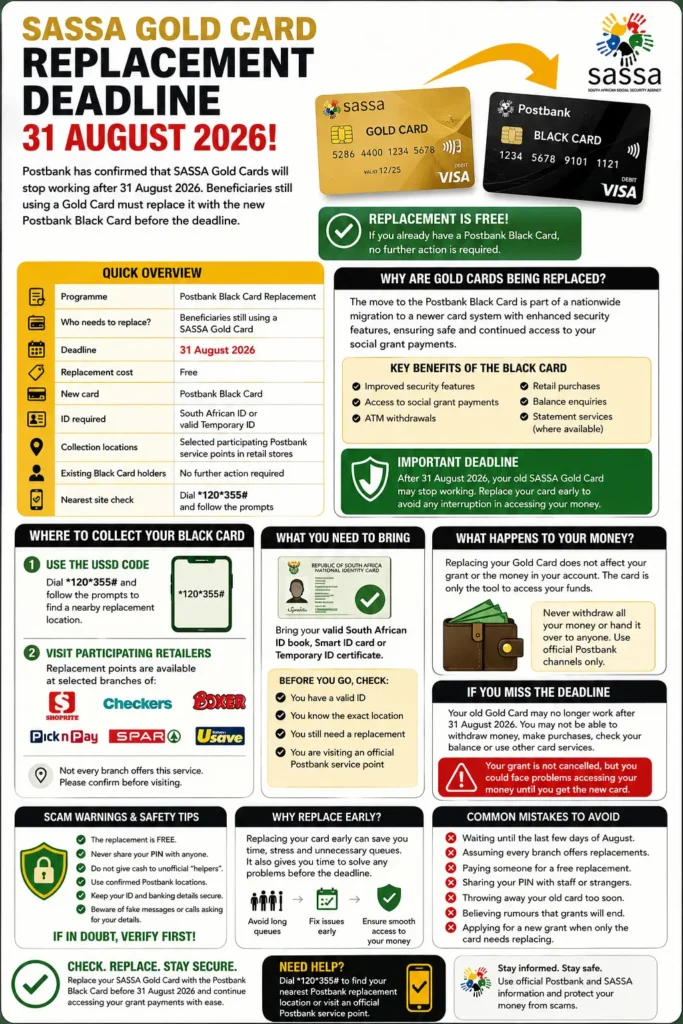 SASSA Gold Card Ending Soon: 31 August 2026 Deadline and Postbank Black Card Guide