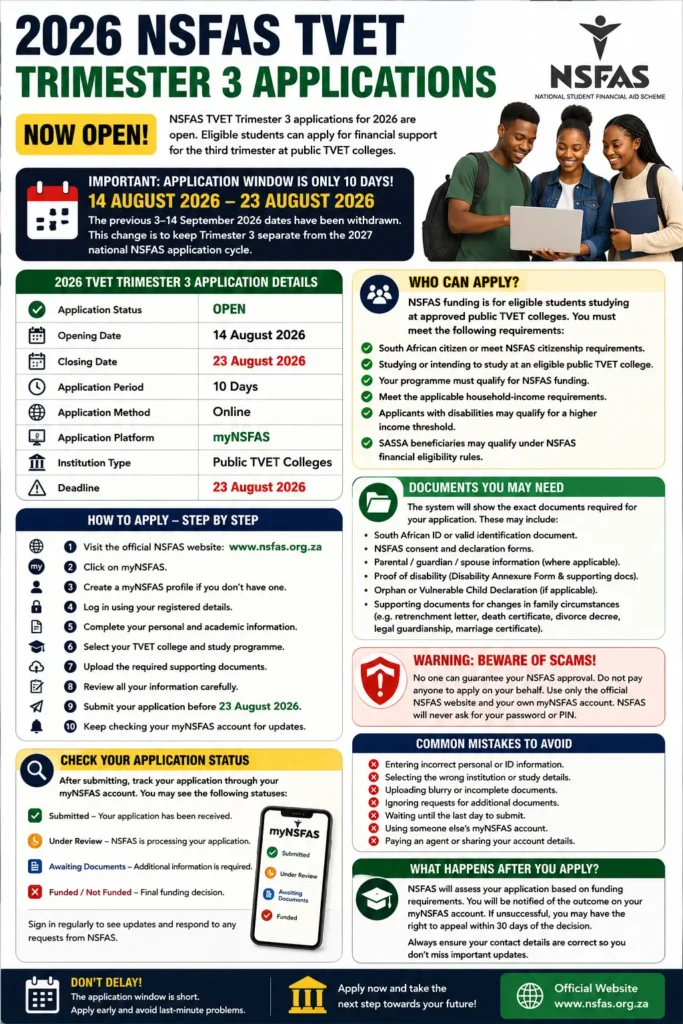 2026 NSFAS TVET Trimester 3 Applications are OPEN Check Last Date Details
